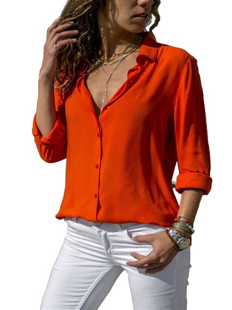 Long Sleeve T Shirt For Women Casual Turn Down Collar T Shirt Button Front Shirt Oversize Tops