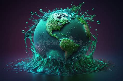 Planet Earth Splashing In Green Liquid Water On Dark Background Stock