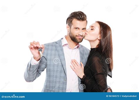 Cheerful Young Loving Couple Holding Keys Stock Image Image Of