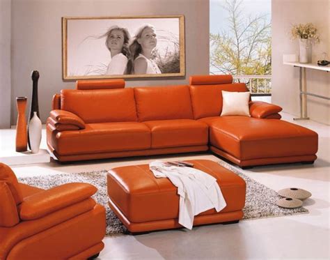 Orange Leather Sofas Bright Look With Warm And Comfortable Atmosphere