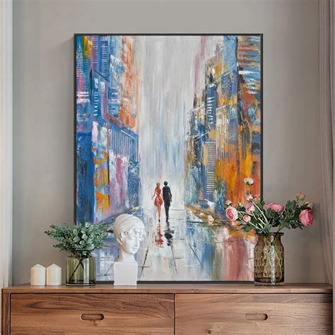 100 Hand Painted Oil Painting On Canvas Blue With Orange Building