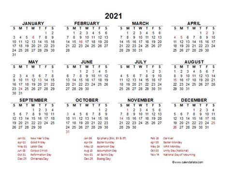 2021 Year At A Glance Calendar With Germany Holidays Free Printable