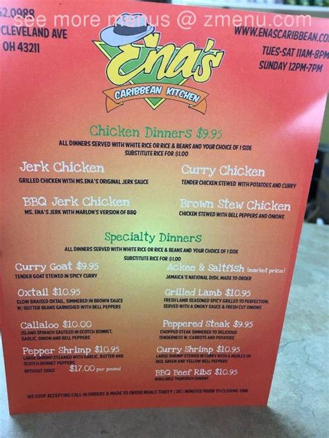 Try the authentic jerk chicken or the whole red snapper which is deep fried and served with a vinegary escabeche sauce. Online Menu of Enas Caribbean Kitchen Restaurant, Columbus ...