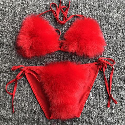 Red Faux Fur Bikini Set Sexy Furry Bikini Fluffy Hot Bra Etsy