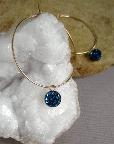 Blue Druzy Hoop Earrings Tiny Titanium Druzy Quartz 14k Gold Etsy