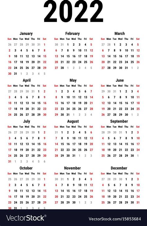 Calendar For 2022 Vector Image On Vectorstock Yearly Calendar