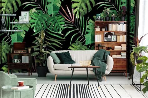 Dark Jungle Wallpaper Green Tropical Palm Leaves Pattern Exotic