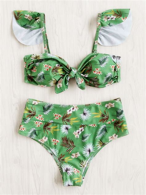 green floral print front bow tie high waist bikini set bikinis swimsuits high waisted bikini
