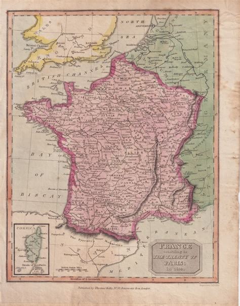 Antique Map France According To The Treaty Of Paris In 1814 • Antiche