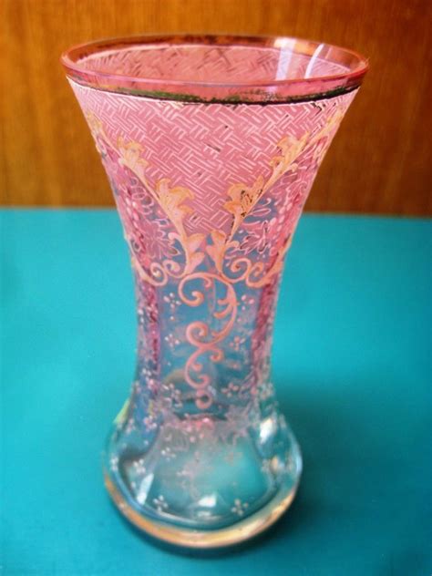 Gorgeous Antique 3 Moser Gold Enamel Cranberry Glass Bud Vase Bohemian Czech Cranberry Glass