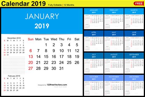 Editable 2019 Excel Three Month Calendar Free Printable Templates