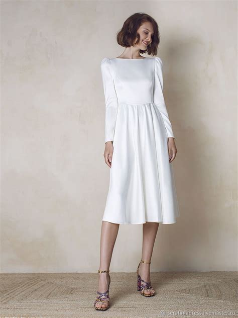 Белое платье, закрытое атласное сатиновое платье с длинным ...
