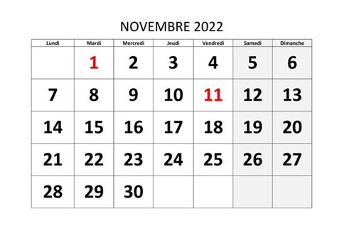 Novembre 2022 Calendrier Jours Fériés The Imprimer Calendrier