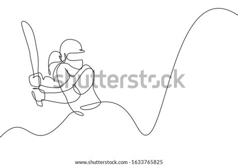One Continuous Line Drawing Of Young Happy Woman Cricket Player