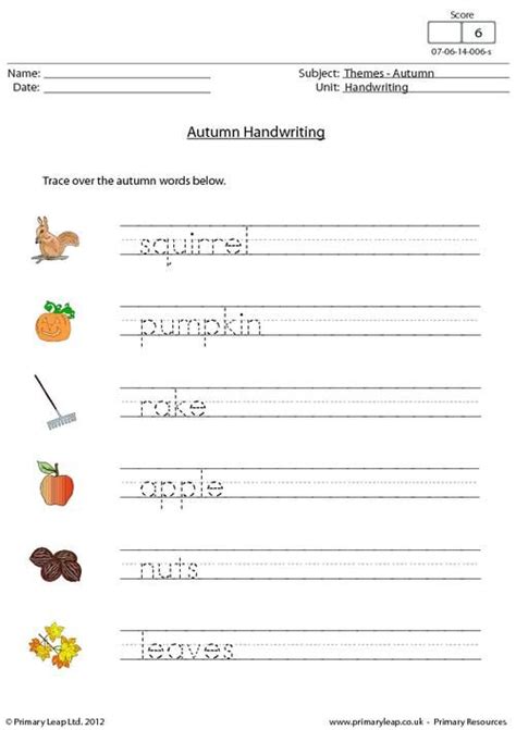 Literacy Autumn Handwriting Worksheet