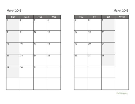 March 2043 Calendar On Two Pages