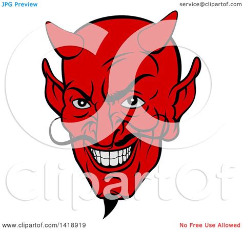 Clipart Of A Grinning Red Devil Face With A Goatee And Curling Mustache