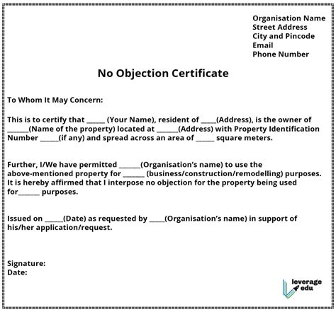 No Objection Certificate Format For Building Owner Printable Form