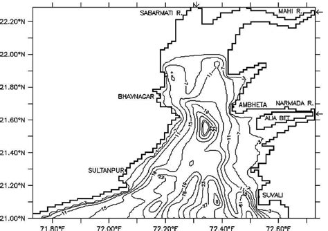 Might the ruins below the gulf of khambhat prove the hindu scholars right? Bathymetry (m) in the gulf of Khambhat | Download ...