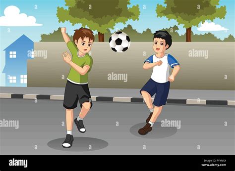 Una Ilustración Vectorial De Niños Jugando Al Fútbol En La Calle Imagen
