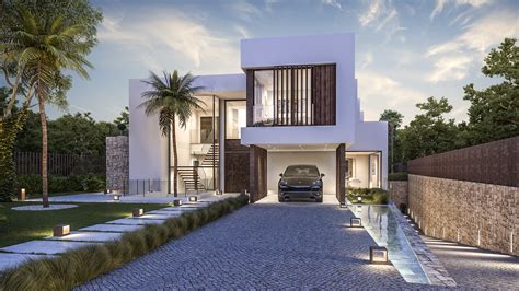 Exclusive facade design with conceptual lighting highlighting architectural details. Modern Villa in Guadalmina Baja - Imperio Banus