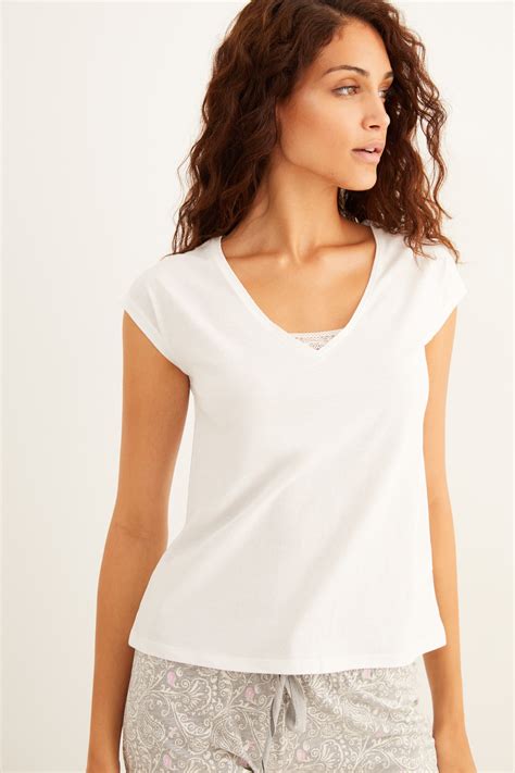 Camiseta Blanca Manga Corta Algodón Detalle Encaje Ofertas En Tops Y