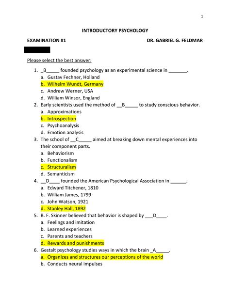 Intro Psych Exam 1 Practice W Answers Introductory Psychology