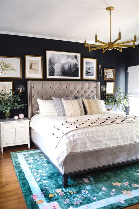 Be inspired by these 29 blue bedroom decor ideas. Black and brass accents give this master bedroom reveal a ...