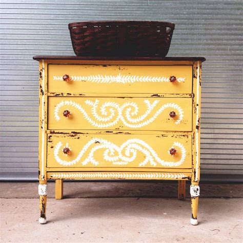 In a somewhat haphazard fashion. Vintage Handpainted Distressed Yellow Dresser | Yellow ...