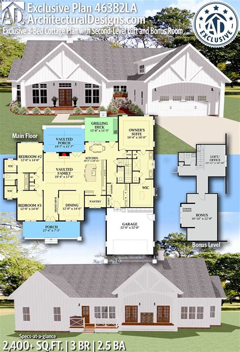Contemporary style house plan 43048 with 3 bed, 2 bath. Plan 46382LA: Exclusive 3-Bed Cottage Plan with Second ...