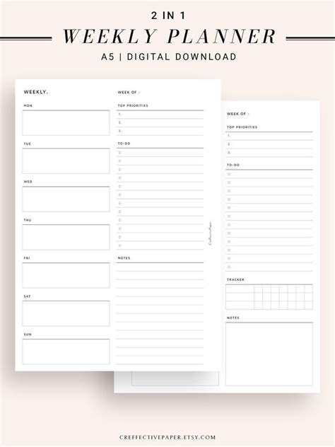 Weekly Planner Template A5 Planner Inserts Printable PDF Etsy A5