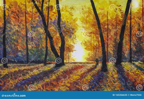 Sunny Autumn Forest Oil Painting Modern Impressionism Autumn Landscape