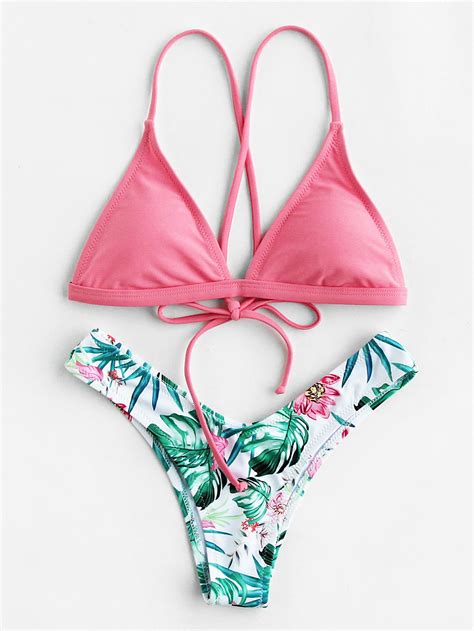 Tropical Print High Leg Self Tie Bikini Set Sheinsheinside Bikinis