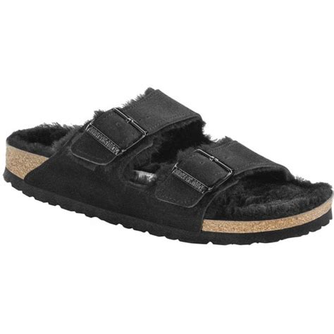 Womens Arizona Black Suede Shearling Double Strap Buckle Mules 0752661