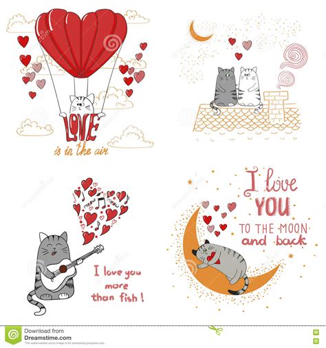 Cute Cats In Love Set Of Funny Cartoon Cats Stock Vector