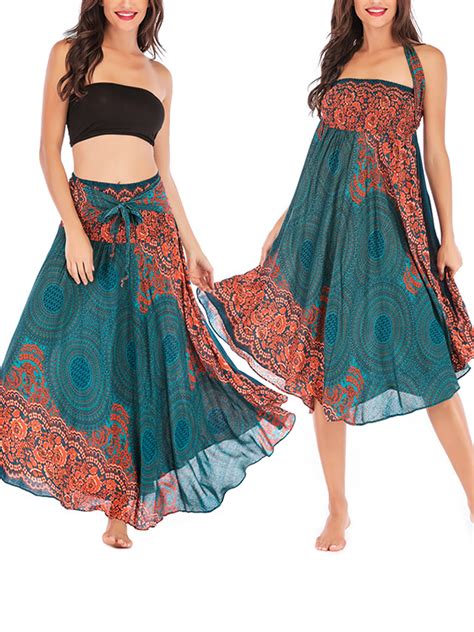Womens Boho Tribal Print Skirt Mulit Way Summer Beach Cocer Up Long