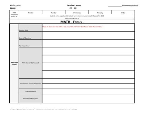 Kindergarten Common Core Weekly Lesson Plan Template W Drop Down Lists