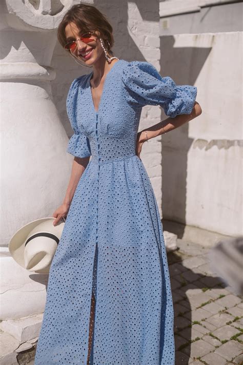 Embroided Eyelet Dress With Plunging V Neck Puffy Sleeves Etsy