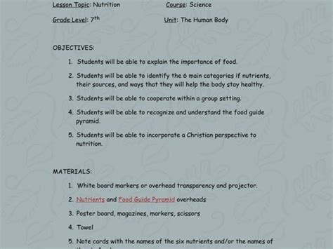 Nutrition Lesson Plan For 7th Grade Lesson Planet