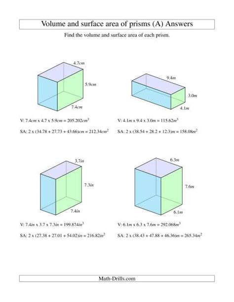 Volume And Surface Area Of Rectangular Prisms With Decimal Numbers A