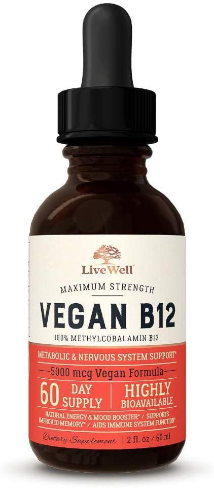 Vegan Vitamin B12 Sublingual Liquid Drops By Livewell Methylcobalamin