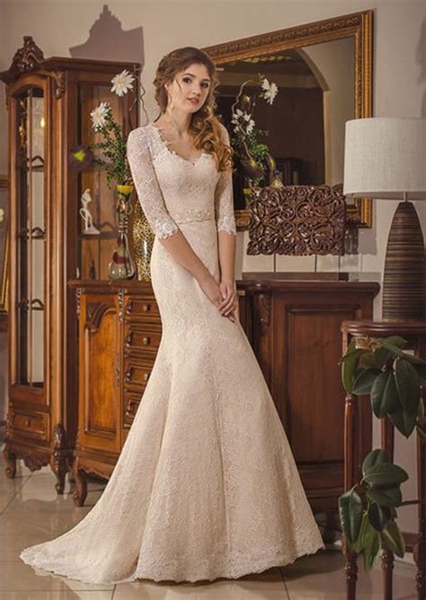 Elegante E Romantico Abito Da Sposa Stile Sirena In Pizzo Con Maniche