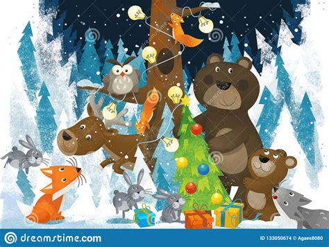 Winter Scene With Forest Animals Reindeers Bear Fox And Owl Near