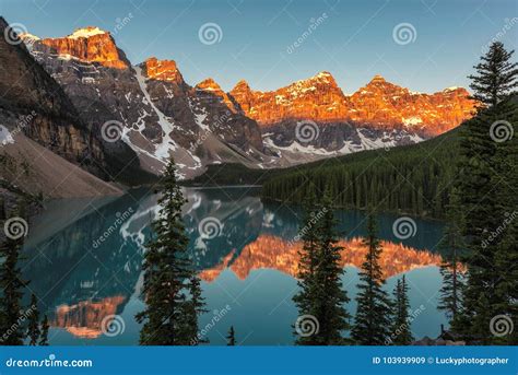 Rocky Mountains At Sunrise Moraine Lake In Banff National Park Of