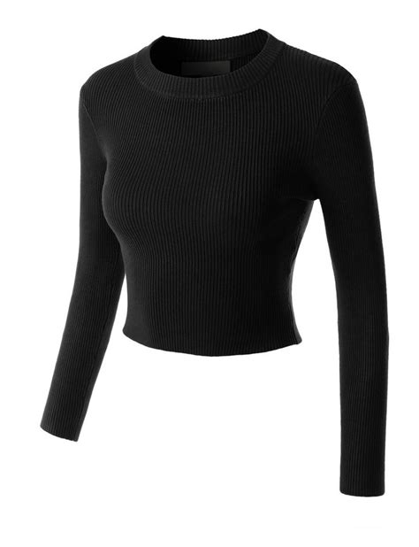 Le3no Womens Fitted Long Sleeve Ribbed Knit Crop Top Fashion Knit