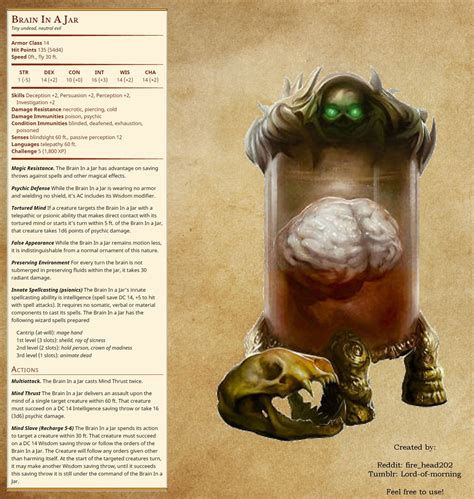 Remade My Brain In A Jar 5e Homebrew After A Lot Of Guidance From You