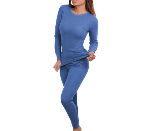 Womens Cotton Waffle Knit Thermal Underwear Stretch Shirt And Pants 2pc Set Royal Blue S