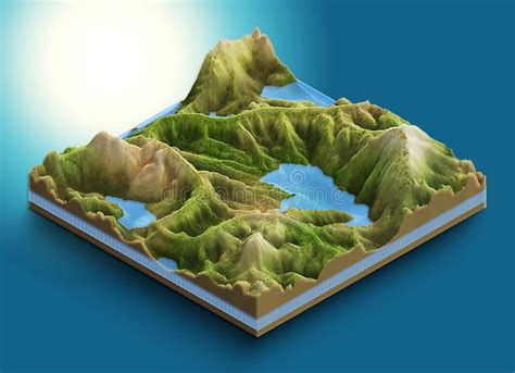 3d Map Isometric Of A Chain Of Mountains And Ponds With Vegetation And