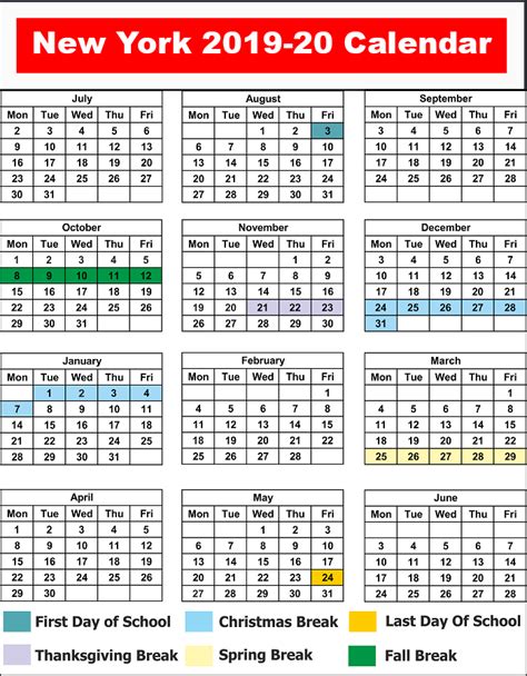 Nyc New York City School Holidays Calendar 2019 20 Printable