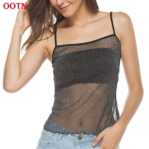 ootn black slip camis summer top women elastic mesh short female camisole see through crop top